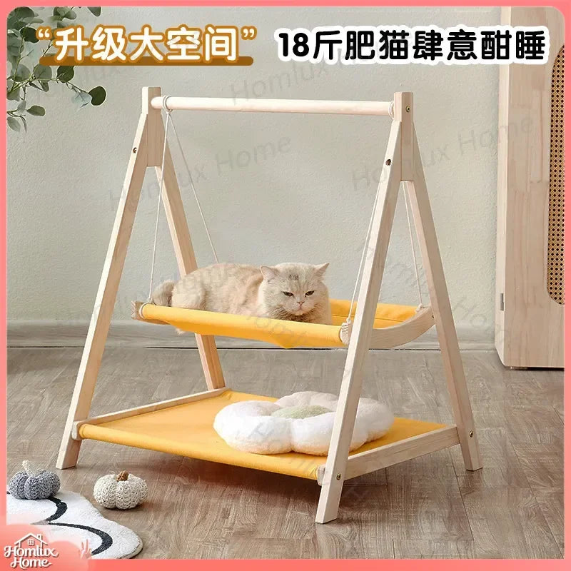 Double Layer Cat Hammock Nest Swing Bed for Kitten and Adult Cats Solid Wood Frame Summer Cooling Pet Bed Indoor Outdoor Cat