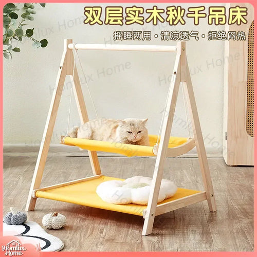 Double Layer Cat Hammock Nest Swing Bed for Kitten and Adult Cats Solid Wood Frame Summer Cooling Pet Bed Indoor Outdoor Cat