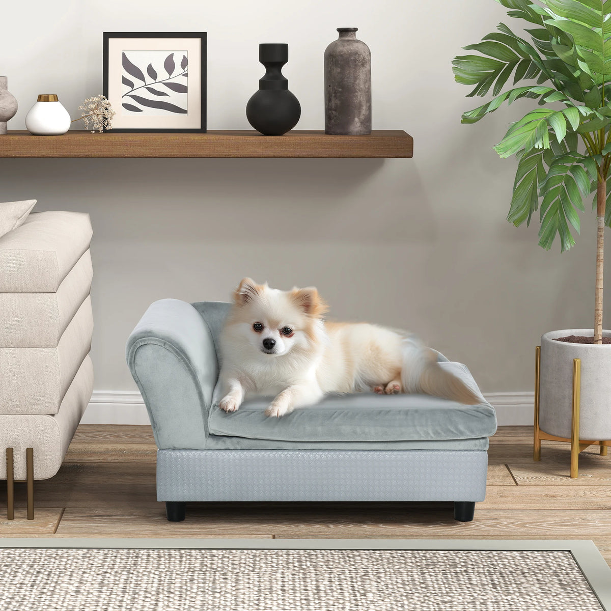 Luxury Dog Sofa Bed with Hidden Storage 2 Soft Foam Modern Pet Furniture for Puppies Pale Gray