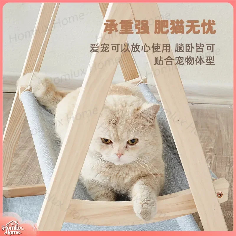 Double Layer Cat Hammock Nest Swing Bed for Kitten and Adult Cats Solid Wood Frame Summer Cooling Pet Bed Indoor Outdoor Cat